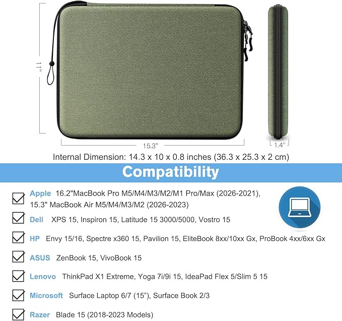 FINPAC Hard Laptop Sleeve Case for 15.3 inch MacBook Air M5 M4 M3 M2 (2026-2023) A3241 A3114 A2941, 16.2 inch MacBook Pro 2026 M5/M4/M3/M2/M1 Pro/Max, Waterproof Case for Surface Laptop, Olive