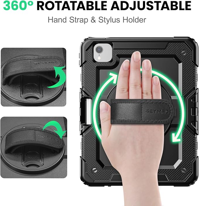 SEYMAC Case for iPad Air 5th/ 4th Generation 10.9 Inch, Full-Body Shockproof Protective Case with Screen Protector, Rotating Stand/Handle/Shoulder Strap/Pencil Holder for iPad Air 5/ Air 4, Black