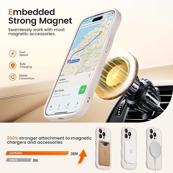 CAPRARO for iPhone 15 Pro Max Case with 360° Spin Magnetic Stand for Women, [Compatible with MagSafe] [Full Camera Protection] Cute Wave Translucent Matte Case for iPhone 15 Pro Max, Stone