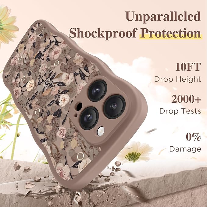 GVIEWIN for iPhone 14 Pro Case Compatible with MagSafe [Curly Wave Edge][Full Camera Protection] Floral Translucent Shockproof Magnetic Women Phone Case for 14 Pro, Apricot Blossom/Brown