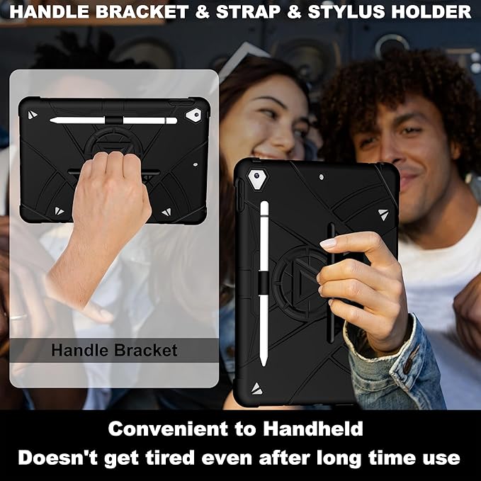 Andnary Case for iPad 9th/8th/7th Generation 10.2 inch, Heavy Shockproof Cover with Screen Protector/180° Rotating Handle/Bracket/Pen Holder/Shoulder Strap, Kids Case for 2021/2020/2019 (D-Black)