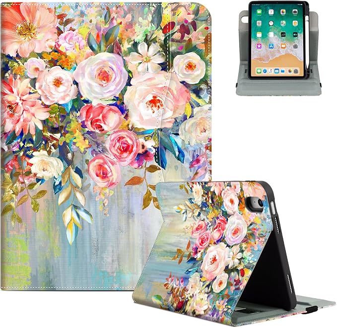 for iPad (A16) 11Th/10Th Generation Case 2025/2022, for iPad Case 11th/10Th Generation 360 Degree Rotating 4 Viewing Angles Pencil Holder/Hand Strap/Pocket Auto Wake/Sleep, Floral Flower