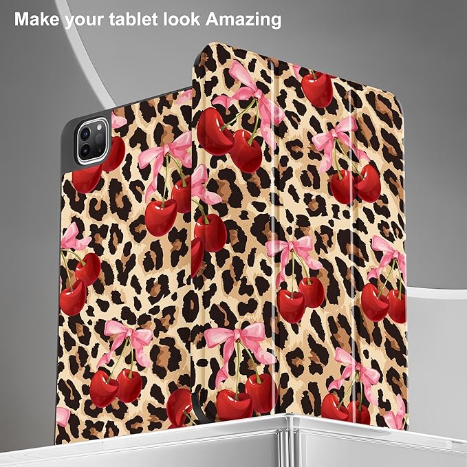 May Chen Case for iPad Pro 11 inch (4th, 3rd, 2nd & 1st Gen) 2022 2021 2020 2018, Trifold Stand + Pencil Holder + Auto Wake/Sleep + Soft TPU Protective Stand Back Cover, Cherry & Cheetah