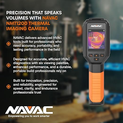 NAVAC NMT1200 Thermal Imaging Camera - Ultra IR Technology & Thermal Detector - Reduced Noise - Accurate Imaging - 25Hz Refresh - Up to 8-Hour Battery Life -Multiple Color Presets for HVAC Technicians