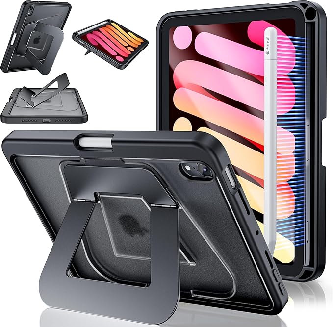 Case for iPad mini 7 A17 Pro Case, iPad mini 6 Case with Pencil Holder,Multi-Angle Ultra Stable Dual Stand,Slim Duty Shockproof Protective Case with Kickstand,Black