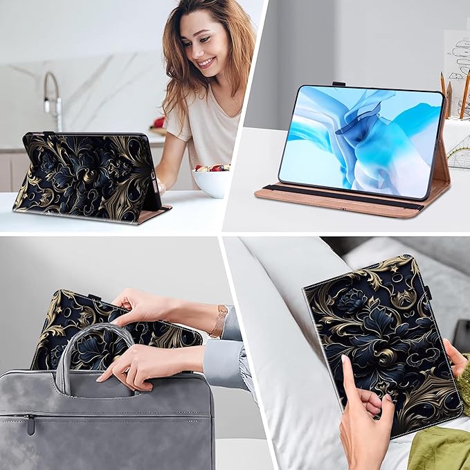 Case for iPad Pro 12.9-Inch 2022/2021/2020/2018 (6th/5th/4th/3rd Generation) with Pen Holder & Card Slots, Premium PU Leather Flip Folio Kickstand Case - Blue Flower