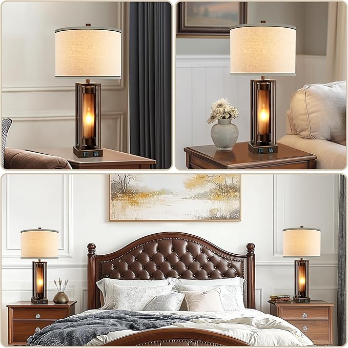 Rustic Table Lamps for Living Room Set of 2 with USB C+A Ports, Farmhouse Vintage Nightstand Lamp with Amber Night Light, Retro Desk Lamp for Bedroom, 4 Bulbs Included (Brown)