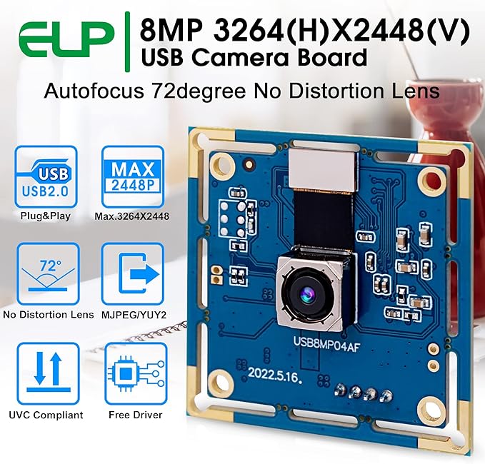 ELP 8MP USB Camera - Autofocus 4K PC & Raspberry Pi Mini UVC USB2.0 Webcam Board IMX179 Industrial Lightburn Camera for Laptop