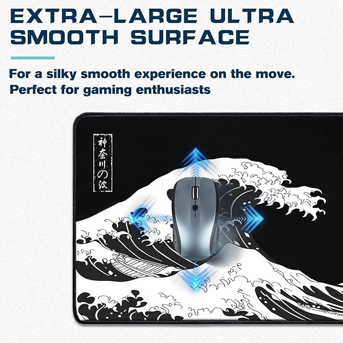 Mouse Pad Gaming - Desk Mat for Keyboard and Mouse - Kanagawa Large Mouse Pads for Desk, Japanese Sea Wave Gaming Mousepad with Non-Slip Base, Desks Pad (31.5" X 11.8") for Game and Office