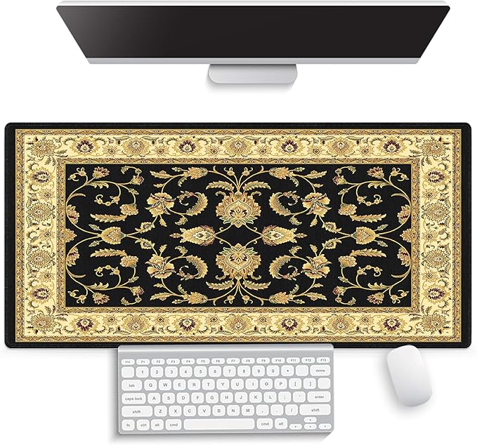 Large Gaming Mouse Pad (31.5" x 15.8") - Elegant Black and Cream Oriental Persian Design Vintage Floral Print Art, Extra XXL Office Accessories, Premium Stitched Anti-Slip Office Desk Mat
