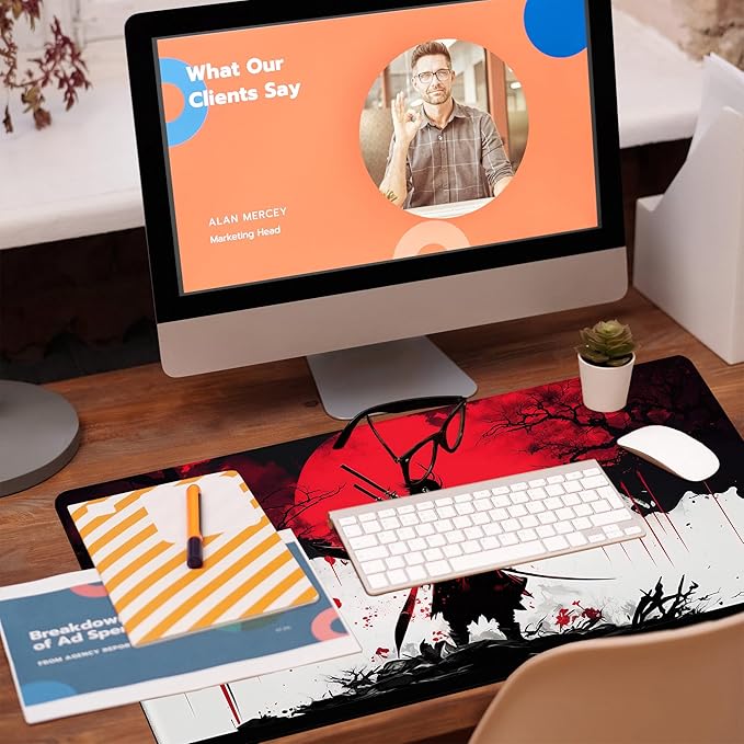 Large Gaming Mouse Pad, Cool Japanese Samurai Desk Mat, Red and White Samurai Desk Pad, 31.5"x15.7" Extended Big Computer Keyboard Mouse Pad with Non-Slip Base and Stitched Edge