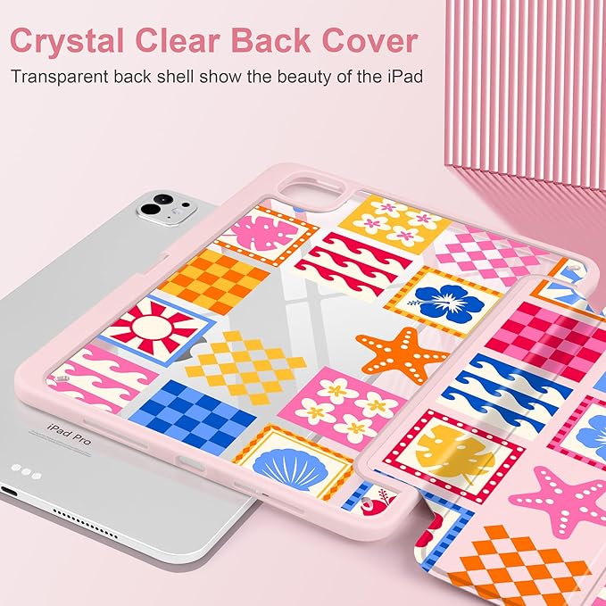 Case for iPad Pro 13 Inch (M5 2025 M4 2024) – [Built-in Pencil Holder], Shockproof & Stylish, Clear Hard Back + Soft TPU Edge, Magnetic Trifold Stand, Auto Wake/Sleep, Beach Fun