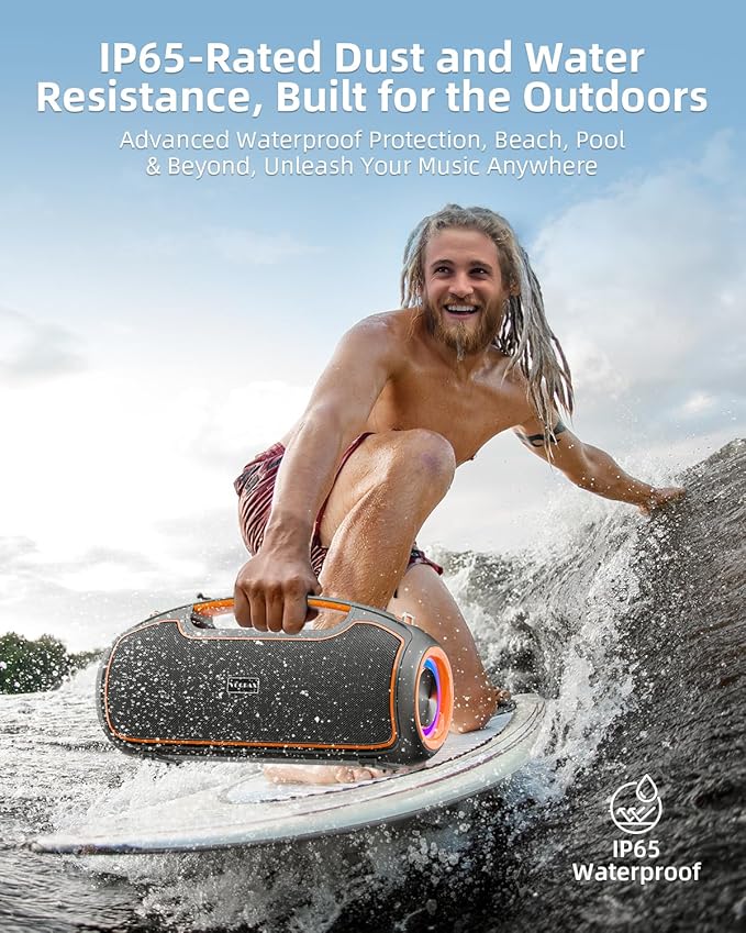 Portable Bluetooth Speakers Wireless, 200W MAX Loud Outdoor Speaker with Deep Bass, IP65 Waterproof, BT5.4, USB-C, RGB Lights, for Party, Camping, Beach, Large Workshop, Garage, 24H Playtime