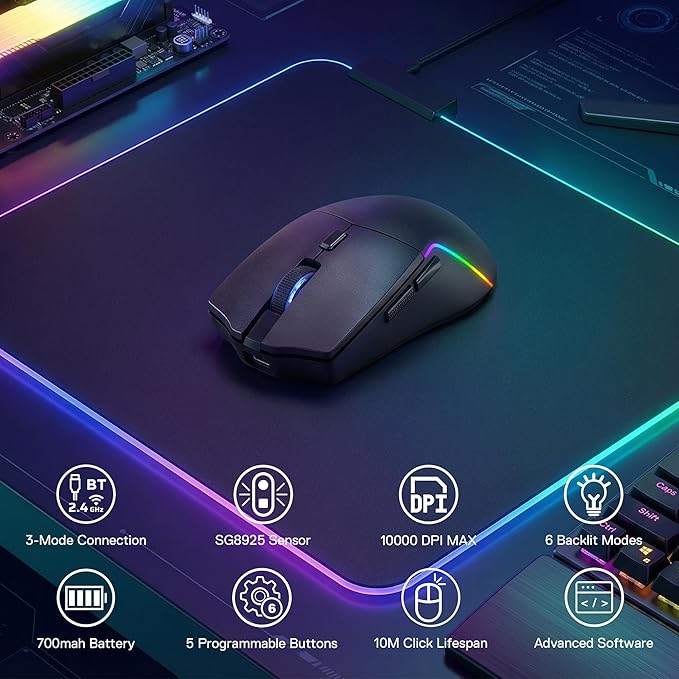 Redragon M730 PRO Wireless RGB Gaming Mouse, 3-Mode Lightweight Optical Mouse with 5 Programmable Buttons, 10000 DPI, Software Supports DIY Keybinds for PC Computer Windows Mac Laptop, Black