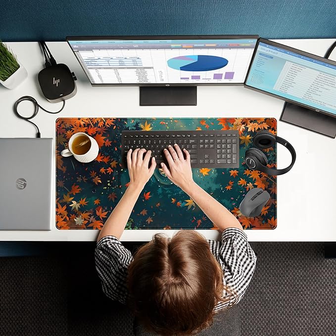 Maple Leaves Desk Mat Gaming Mouse Pad Large, Extended Desk Pad Full Desk Cover Mat, Fall Leaves Laptop Keyboard Pad, Computer Desktop Mat XXL, Aesthetic Fall Desk Accessories 31.5x15.7 Inch