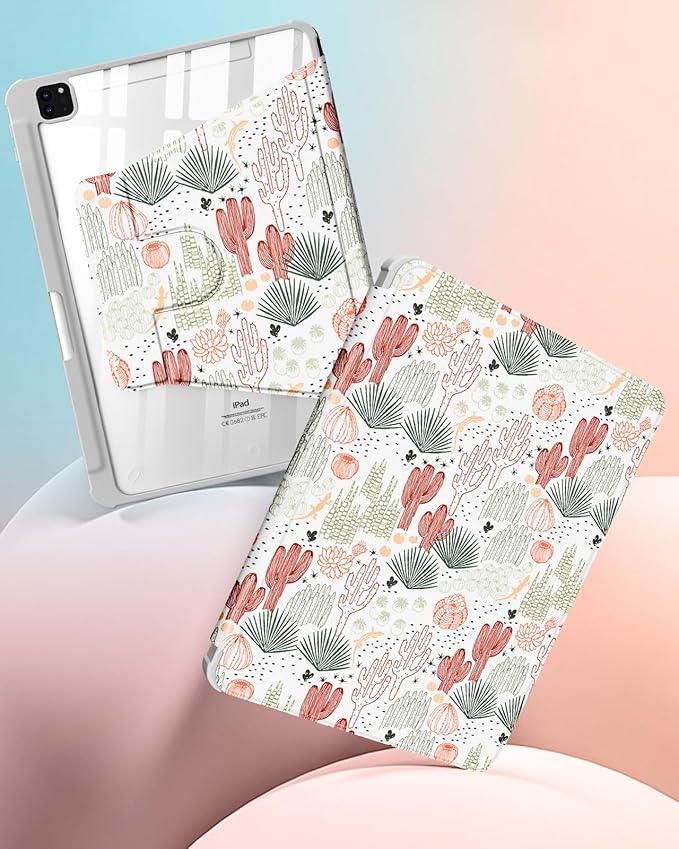 Uppuppy for iPad Pro 12.9 Case Folio Cover with Pencil Holder Women Cute Girls Girly Kids Teens Pretty Plants Cactus Aesthetic Rotating Stand for Apple iPad Pro 12.9 Inch Cases 2022/2021/2020/2018