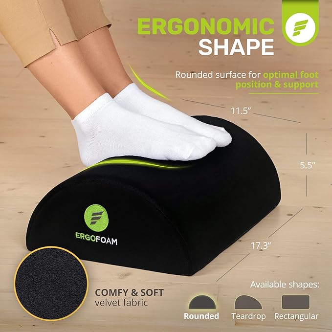 ErgoFoam Tall Foot Rest Premium Velvet Large Soft Foam Footrest for Back, Lumbar, Knee Pain | Rocker Foot Stool (Black)
