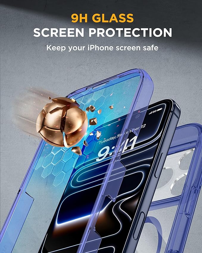 Miracase Magnetic for iPhone 17 Pro Case 6.3" [Compatible with MagSafe] Full-Body Phone Case with Built-in Glass Screen Protector & Camera Control,Drop Proof iPhone 17 Pro Cover, Clear Blue