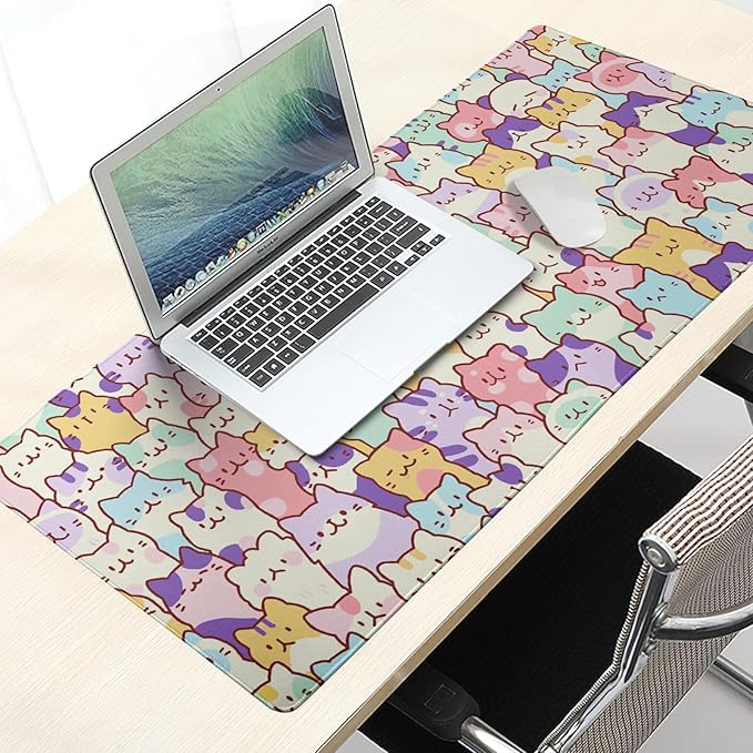 Kawaii Large Mouse Pad 31.5x11.8 Inches XL Extended Gaming Mousepad Funny Cute Cat Desk Mat, Long Computer Keyboard Mouse Mat Non-Slip Base Desk Pad Stitched Edges for Home Game Office Work