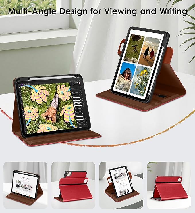 DTTO for iPad Air 11 inch Case M4 / M3 / M2 (2026/2025/2024), iPad Air 5th / 4th Gen (2022/2020), 360 Degree Rotating Premium Leather Folio Stand Cover with Pencil Holder, Red