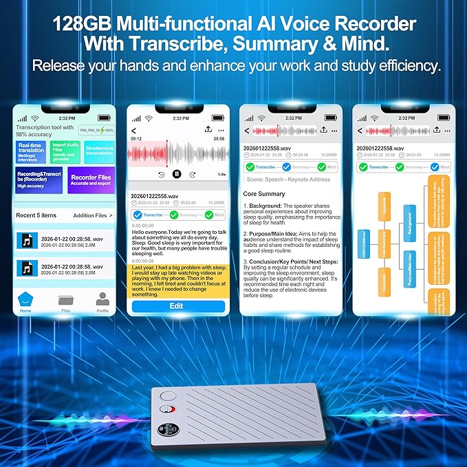2026 Upgraded 128GB（9860 Hours） AI Voice Recorder with APP Control, Transcribe & Summarize, Note Voice Recorder Support DSP Noise Cancellation, Audio Recorder for Lectures, Meetings, Calls, Grey