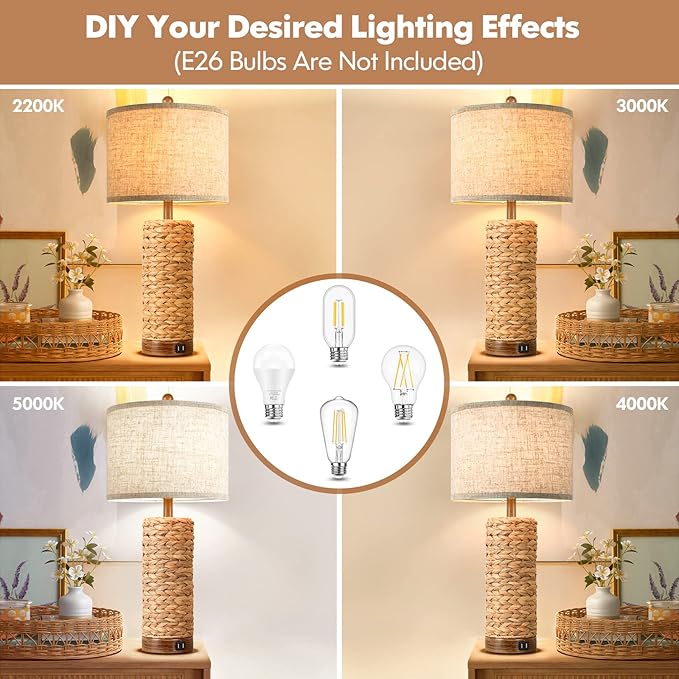 Rattan Table Lamp for Living Room with 2 USB Ports, 27In Tall Bedroom Table Lamp with Hand-made Seagrass Base, Rustic Farmhouse Large Bedside Nightstand Lamp for End Table, E26 Socket, Rotary Switch