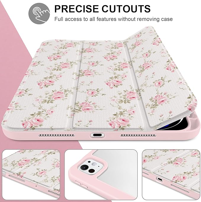Case for iPad Pro 11 Inch (M5 2025 M4 2024) – [Built-in Pencil Holder], Shockproof & Stylish, Clear Hard Back + Soft TPU Edge, Magnetic Trifold Stand, Auto Wake/Sleep, Little Rose