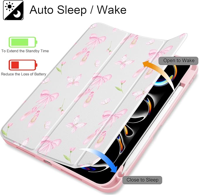 May Chen Case for iPad Pro 11-Inch M5/M4 2025/2024 (6th/5th Generation), [Penceil Holder] Trifold Stand Auto Wake/Sleep Clear TPU Protection Back Cover, Ballet Shoes