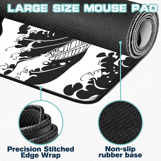 Mouse Pad Gaming - Desk Mat for Keyboard and Mouse - Kanagawa Large Mouse Pads for Desk, Japanese Sea Wave Gaming Mousepad with Non-Slip Base, Desks Pad (31.5" X 11.8") for Game and Office