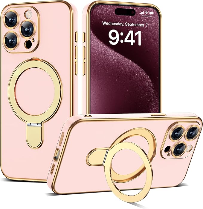 Compatible with iPhone 15 Pro Case with Magnetic Ring Stand [Compatible with Mag-Safe] [Full Camera Lens Protector] Soft Plating Phone Case for iPhone 15 Pro 6.1", Solid Pink