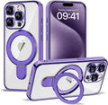 Compatible with iPhone 15 Pro Max Case with Magnetic Ring Stand [Compatible with Mag-Safe] [Full Camera Lens Protector] Plating Clear Phone Case for iPhone 15 Pro Max 6.7", Purple