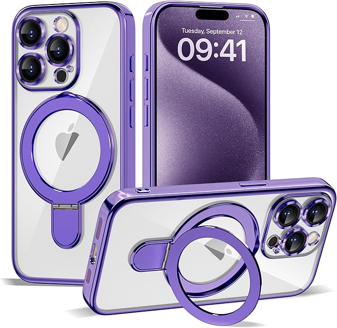 Compatible with iPhone 15 Pro Max Case with Magnetic Ring Stand [Compatible with Mag-Safe] [Full Camera Lens Protector] Plating Clear Phone Case for iPhone 15 Pro Max 6.7", Purple