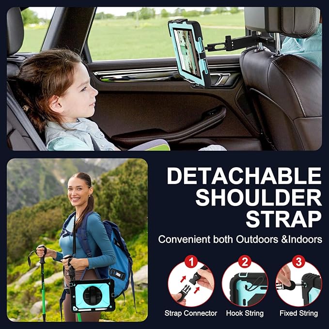 for iPad 6th Generation/iPad 5th Gen/iPad Air 2/iPad Pro 9.7" Case with Cute Key Chain, Rugged Protective Case with Rotating Stand & Shoulder Hand Strap for iPad 6th/5th/ Air 2 (Black+Aqua)