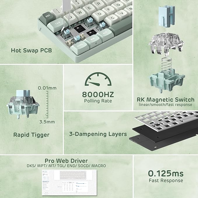 RK ROYAL KLUDGE C68 Hall Effect Mechanical Gaming Keyboard, 65% HE Magnetic Switch Wired RGB Keyboard, Hot Swappable, Rapid Trigger Adjustable Actuation, 8K Polling Rate, Pro Web Driver for Mac &Win