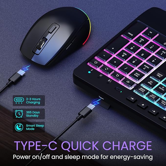 Wireless Keyboard and Mouse Combo- VEILZOR 2.4G Rechargeable Keyboard with Phone Holder, Ergonomic Wrist Rest, 9 RGB Backlit Effects, Silent Keyboard Mouse Set for Windows, Laptop, PC