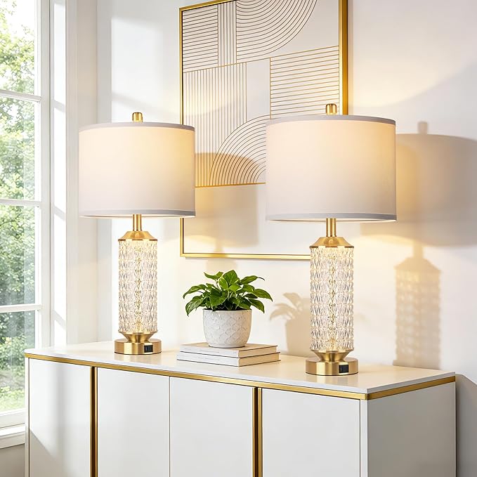 QiMH Gold Lamps for Living Room with LED Night Light,26" Modern Beside Lamps Set of 2 with Linen Shade & USB A+C Ports,Glass Table Lamps for Bedroom, Nightstand, Office, Home Decor(2 Blubs Included)