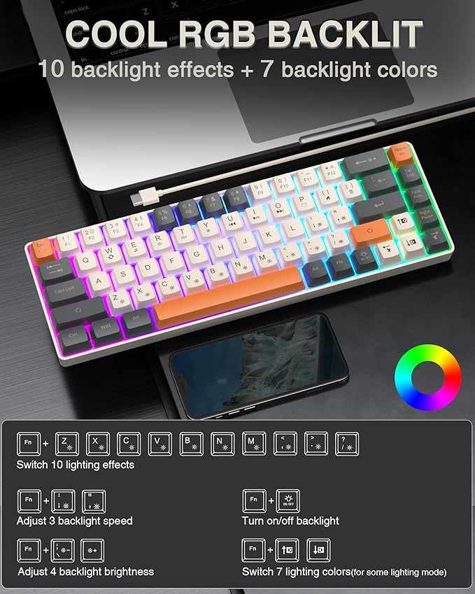 CORBOBO 60 Percent Keyboard,RGB Backlit Gaming Keyboard USB-C Wired,Portable 68 Keys Compact Mini Keyboards for Business Trips,Office,PC Games (SK968,Grey&Orange)