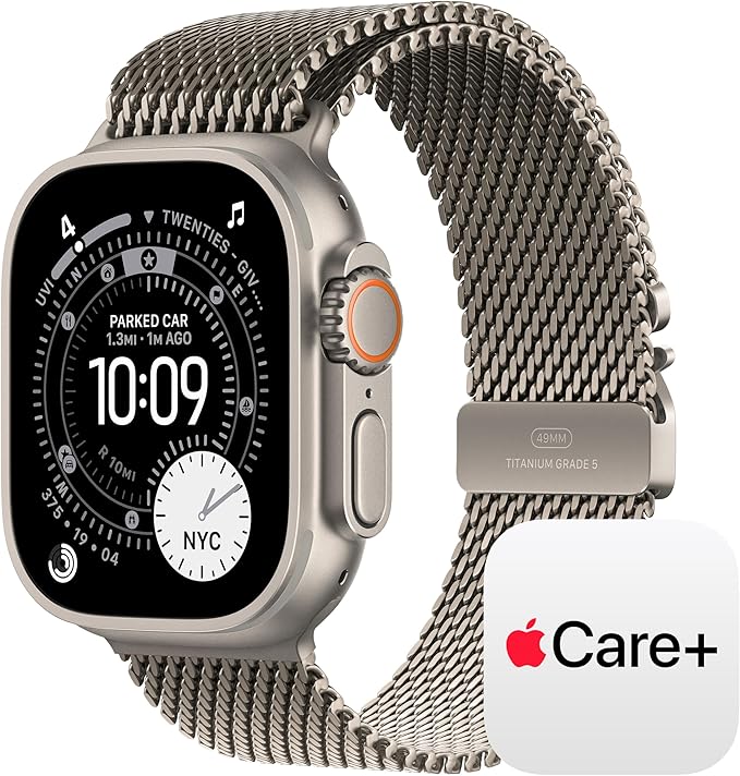 Apple Watch Ultra 3 [GPS + Cellular 49mm] Running & Multisport Smartwatch w/ Rugged Titanium Case w/ Natural Titanium Milanese Loop - M w/ AppleCare+ (2 years)
