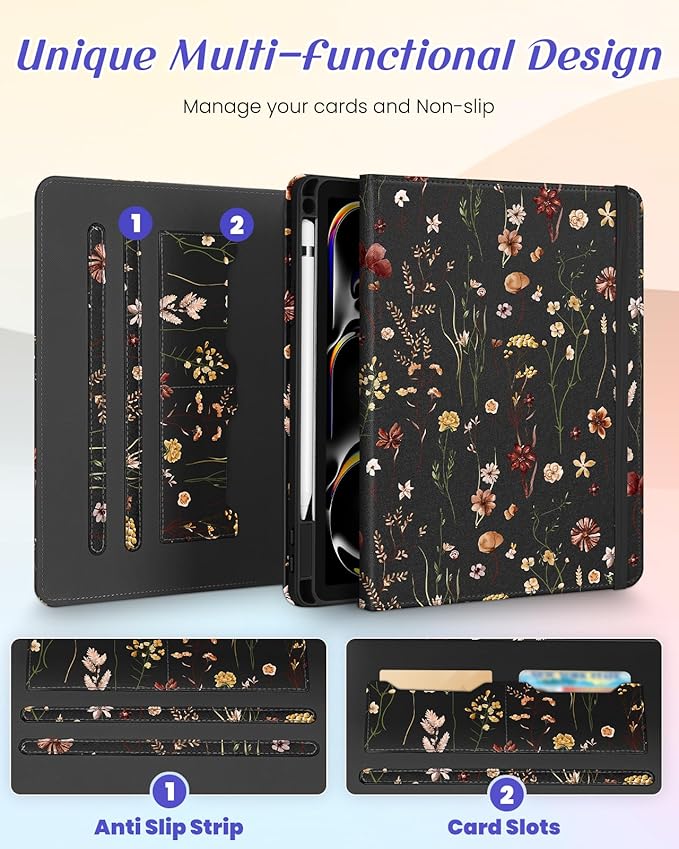Kidcube for iPad Pro 11 Inch Case M4 2024 5th Generation - Women Girls Cute Rotating Stand Folio Cover with Pencil Holder & Card Slot Girly Flowers Floral Design for iPad Pro 11'' Case 2024 M4 5th Gen