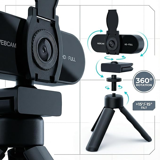 2K HD Webcam with Microphone, Noise Cancellation, Privacy Cover, Wide-Angle Lens, Auto Light Correction, Plug & Play USB Webcam for Laptop, Desktop, PC, Mac, Zoom, Skype, Streaming