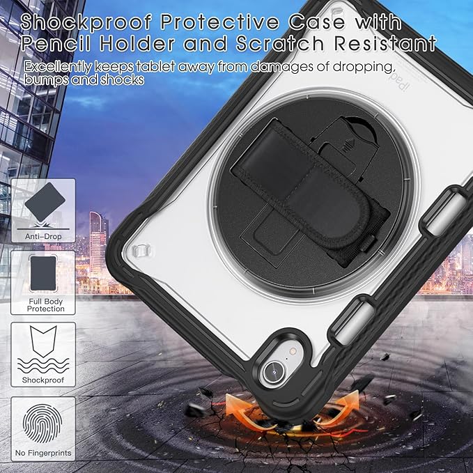 BRAECNstock Case for iPad mini 7 (A17 pro) 2024 & Mini 6 2021 8.3-inch,Shockproof Protective Cover with Pencil Holder,Screen Protector,360° Rotating Hand Strap/Stand-Black
