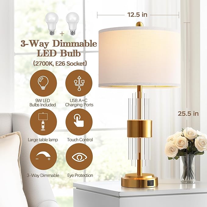 QiMH 25.5" Table Lamp Set of 2 with USB A+C Ports, Gold Lamp for Living Room with Touch Control, Modern Bedside Nightstand Lamp White Lamp Shade Bedroom Home Office Decor (2700K LED Bulbs Included)
