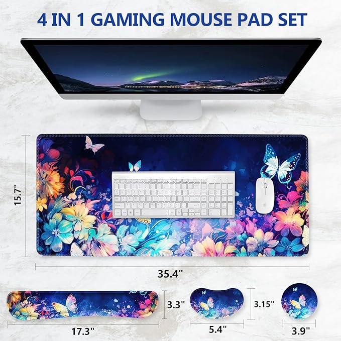 DINKY Keyboard Mouse Pad Set, Large Gaming Mousepad + Memory Foam Ergonomic Keyboard Wrist Rest Support, Easy Typing Pain Relief, 4Pcs (35.4" x 15.7") Extended Desk Mat-Butterflies