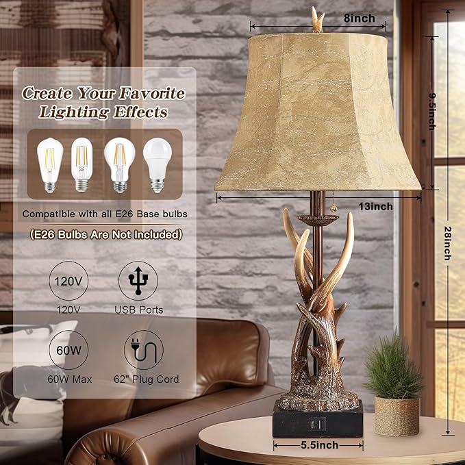 Antler Table Lamps Set of 2 with USB A+C Ports for Bedroom Farmhouse Deer Rustic Bedside Lamps with Faux Leather Bell Shade for Living Room End Table Hunting Themed Cabin Lamp Pull Chain