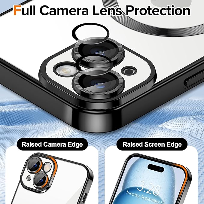 Hython Magnetic Clear for iPhone 15 Case with Camera Lens Protector [Compatible with MagSafe] Luxury Plating Edge Slim Soft TPU Cover Protective Phone Case for iPhone 15 6.1", Black