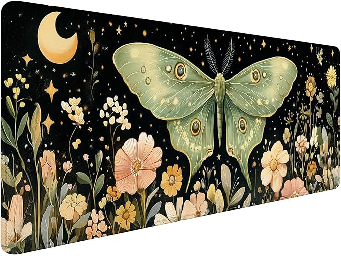 Moon Phase Moth Garden Desk Mat Luna Moth Flowers Mousepad XL Large Gaming Mouse Pad Laptop Keyboard Mat Desk Pad 31.5"x11.8" Office Computer Keyboard Laptop Home
