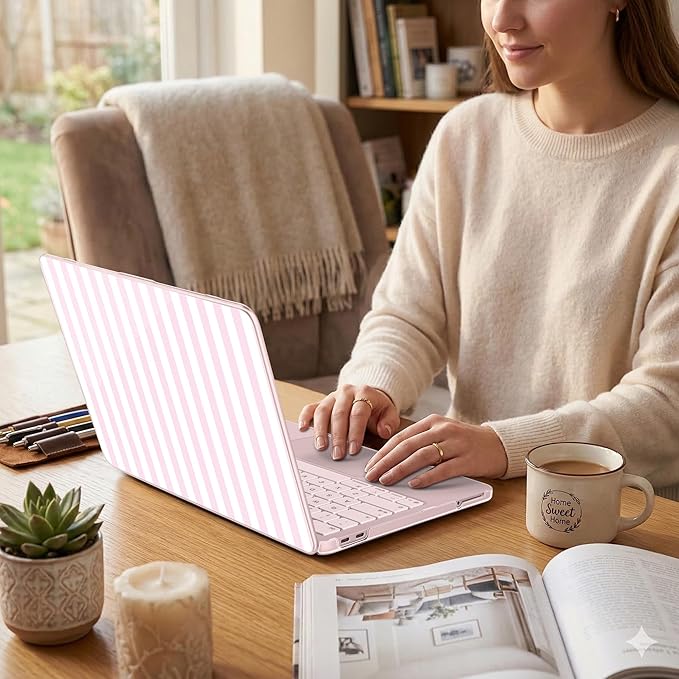 DONGKE for MacBook Neo 13 Inch Case 2026 (Model A3404, A18 Pro chip), Stylish Pattern Protective Hard Shell with Screen Protector, Keyboard Cover & USB-C Adapter - Pink & White Stripes