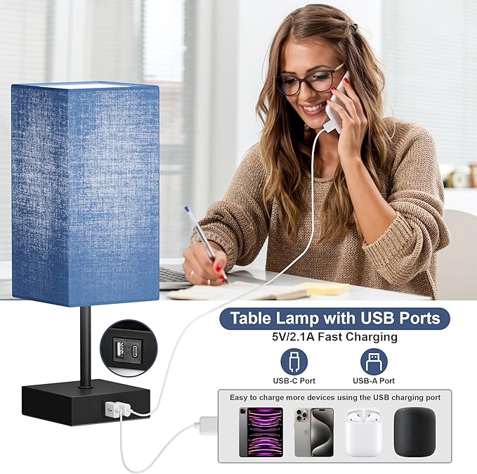 Bedside Table Lamp for Bedroom Set of 2, 3 Way Dimmable Touch Lamp with USB C+A Charging Ports, Small Nightand Lamps for Bedroom Decor, Living Room, LED Bulbs Included, Upgraded Navy Blue