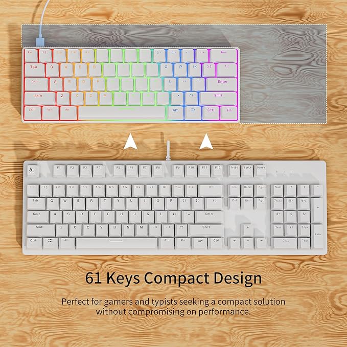 Newmen GM611 Mechanical Keyboard,Rainbow LED Backlit Gaming Wired Keyboards Compact Mini 61 Keys Portable 60 Percent Mechanical Keyboard with White Keycaps,for Windows Laptop PC Linear Red Switches