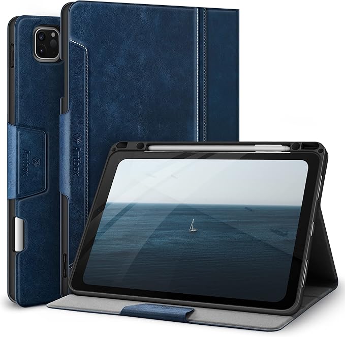 Antbox Case for iPad Pro 12.9'' 6th Generation (2022) 5th/4th/3rd Generation (2021/2020/2018), Built-in Pencil Holder Auto Sleep/Wake Function PU Leather Smart Cover (Blue)